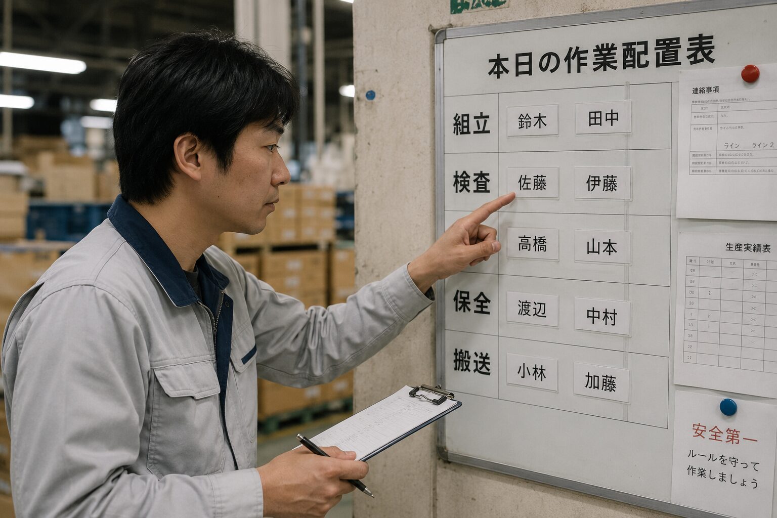 工場の配置表を確認する作業服姿の男性