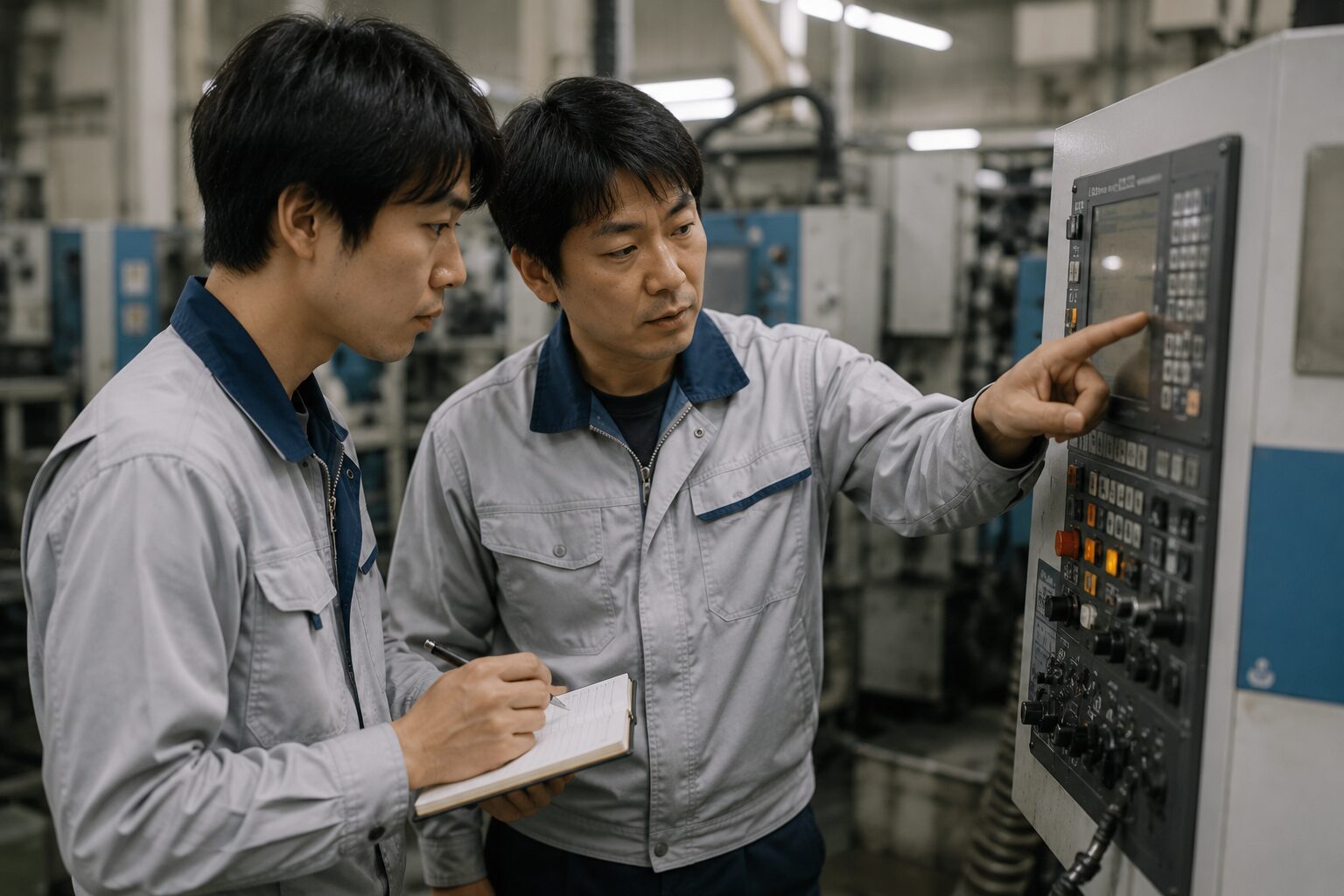 先輩社員が新人に機械の操作方法を指導している様子