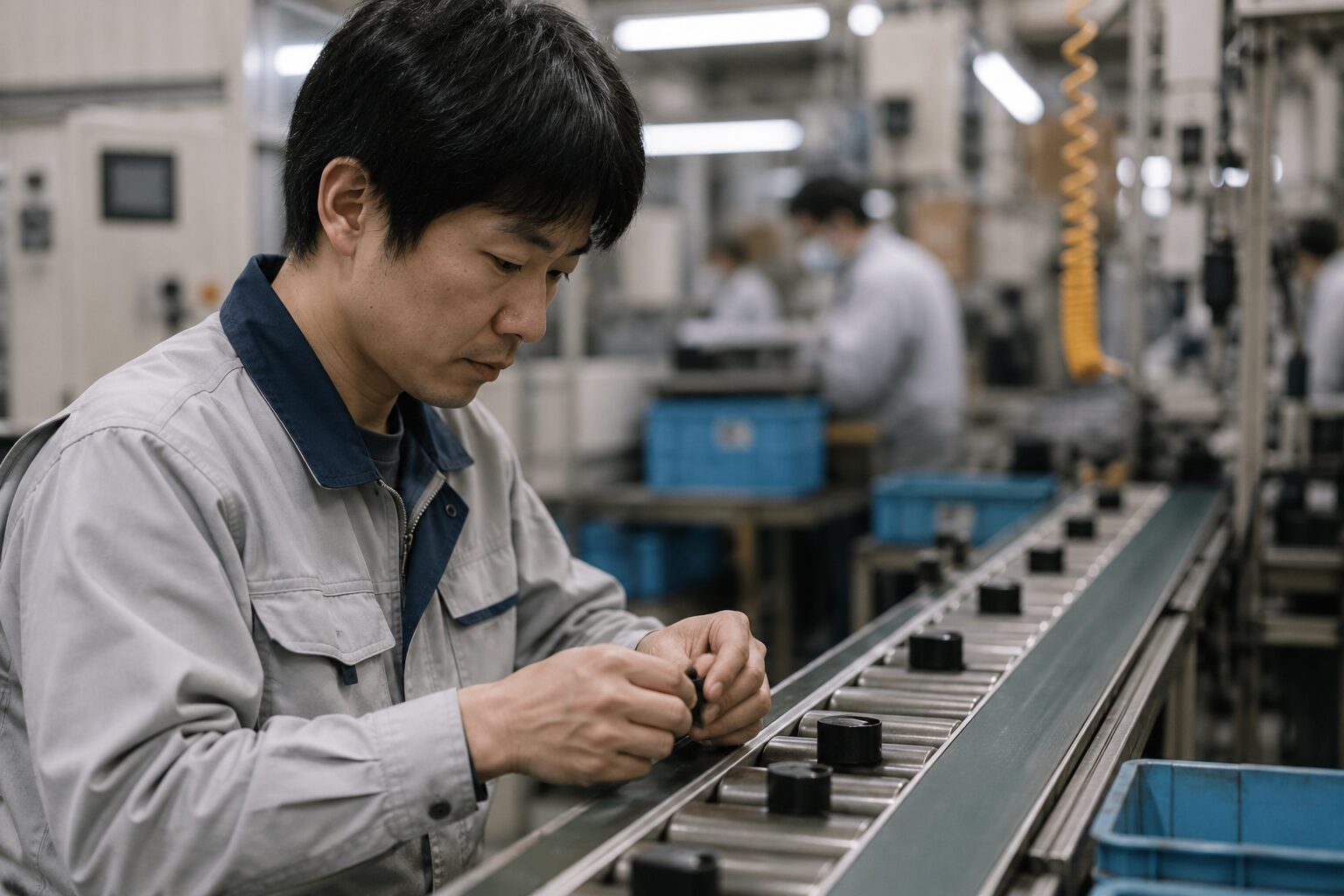 工場の製造ラインで部品を検品する作業服姿の男性