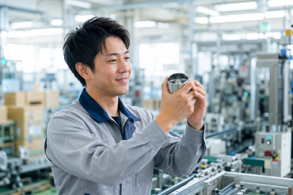 完成した製品を確認して満足げな表情を見せる作業服姿の男性