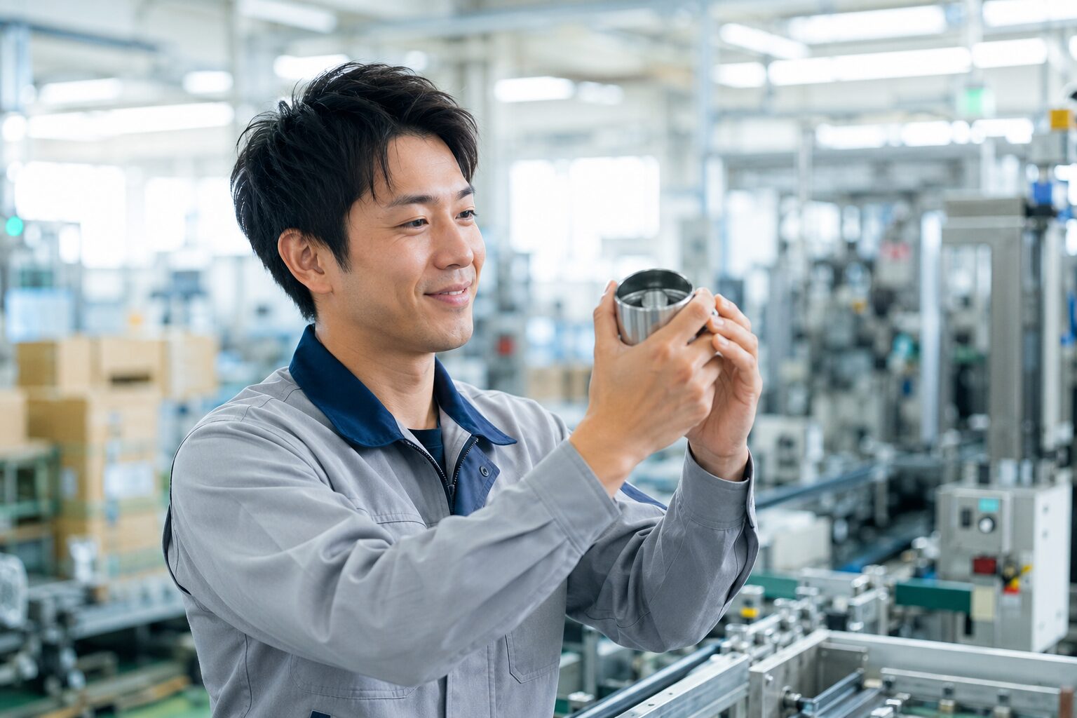 完成した製品を確認して満足げな表情を見せる作業服姿の男性