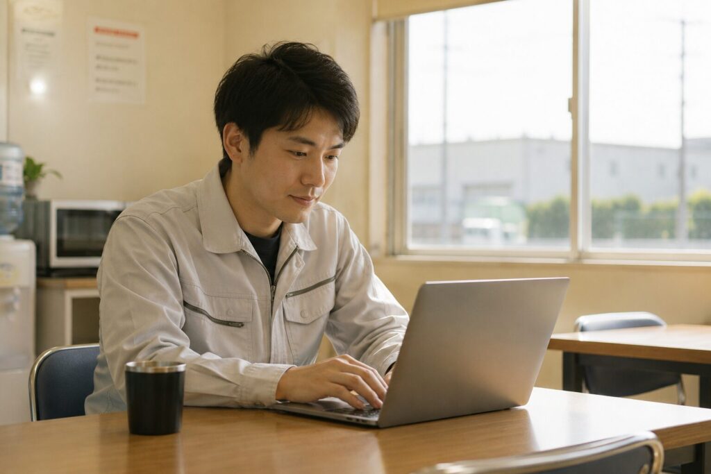 工場の作業服を着た男性が休憩室でノートパソコンを操作し副業をしている様子