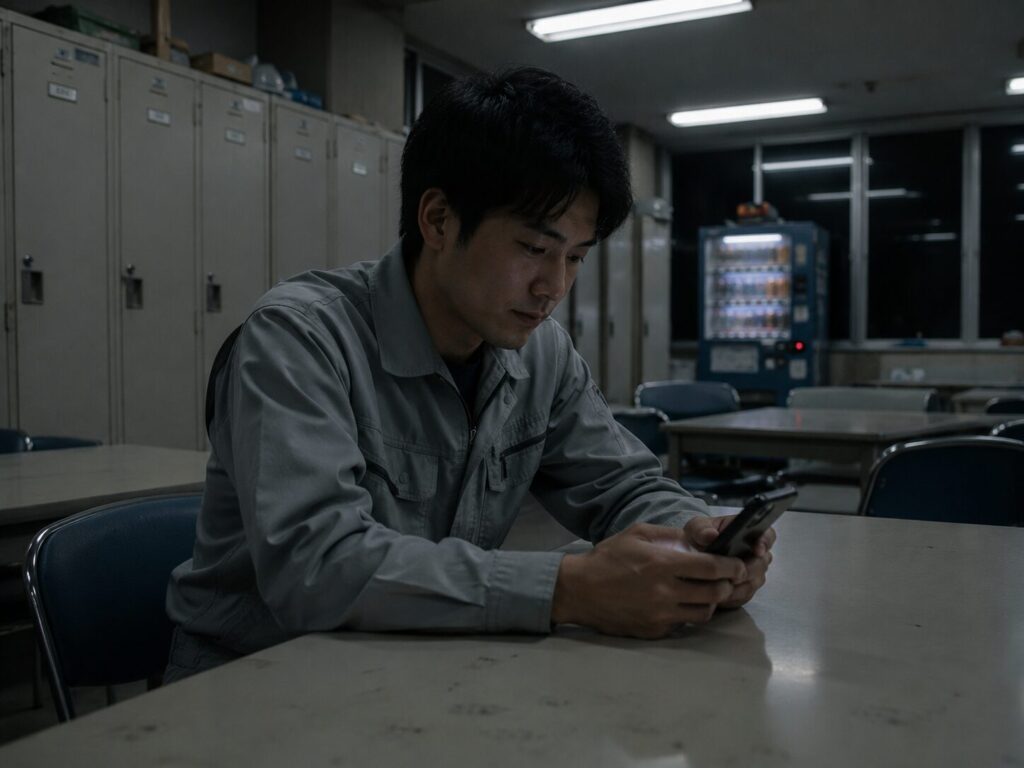 深夜の工場休憩室で疲れた表情を浮かべ、年収について考え込む作業服姿の男性