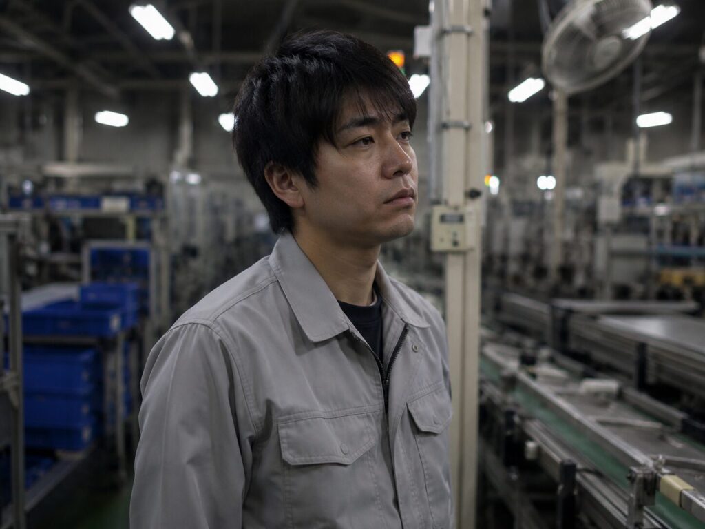 工場の作業中にうつろな表情で虚空を見つめる作業服姿の男性、単調作業による思考停止のイメージ