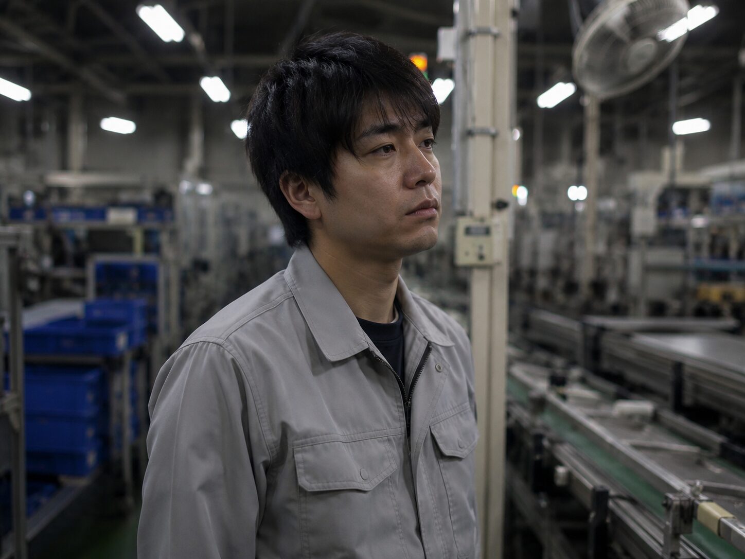 工場の作業中にうつろな表情で虚空を見つめる作業服姿の男性、単調作業による思考停止のイメージ