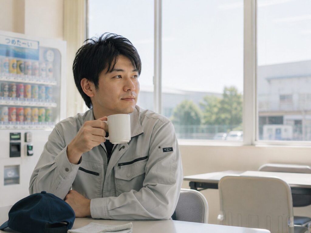 工場の休憩スペースで穏やかな表情を見せる作業服姿の男性、工場勤務のメリットのイメージ