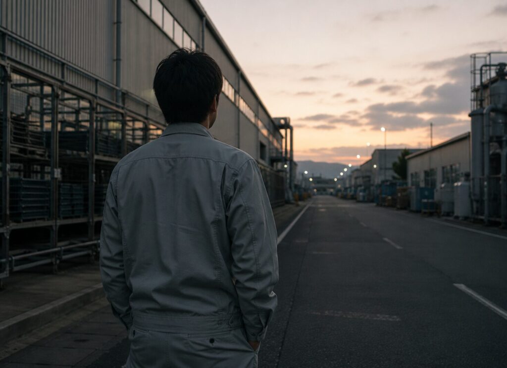 工場の通路で遠くを見つめる作業服姿の男性の後ろ姿、将来への不安と迷いのイメージ