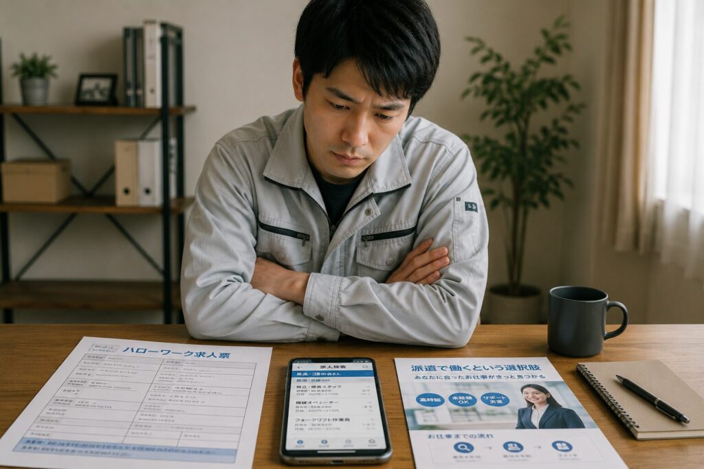 工場勤務の求人をハローワーク・派遣会社・求人サイトで比較検討するイメージイラスト