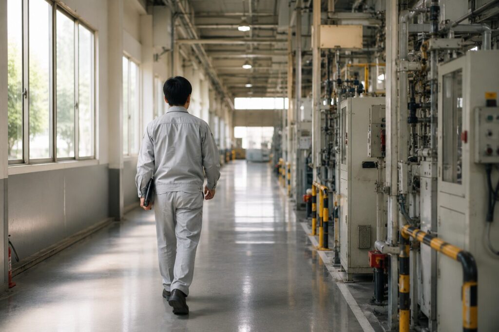 日勤のみの工場勤務のイメージ、明るい昼の工場内を歩く作業員