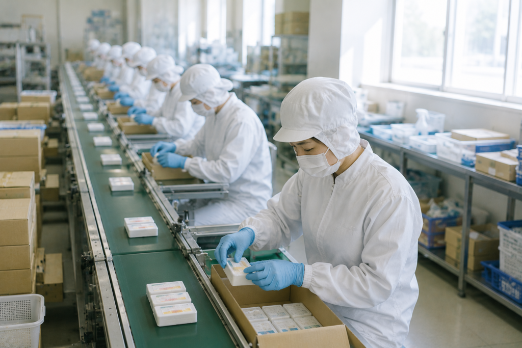 ライン作業でベルトコンベアの製品を検品する工場作業員たちの様子