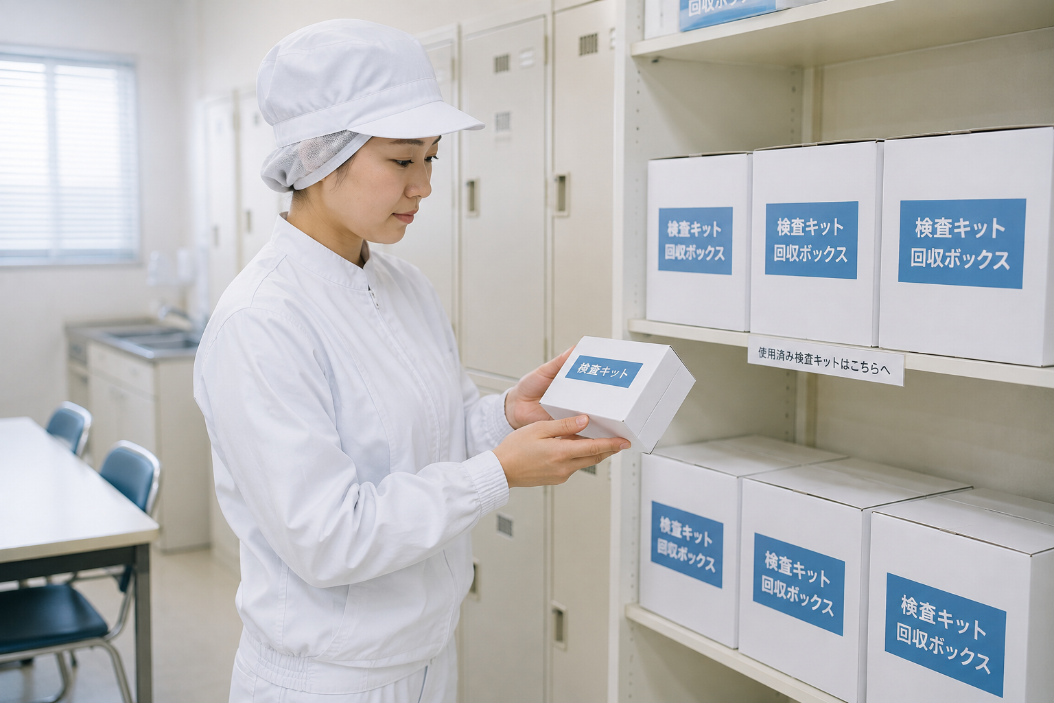 食品工場の検便キットを手にする作業員のイメージ、衛生管理を象徴するカット