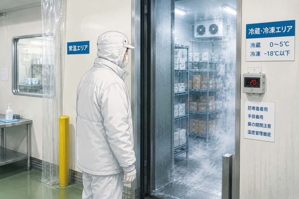 食品工場の冷蔵エリアと常温エリアの境目に立つ作業員、寒暖差のきつさを表すイメージ