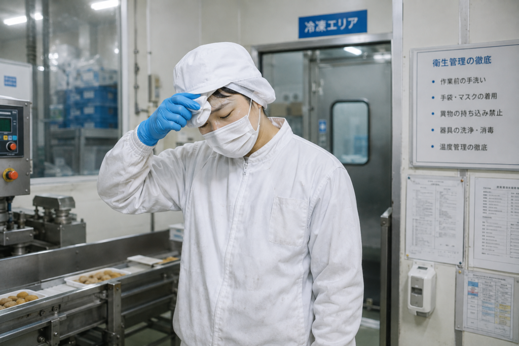 食品工場勤務のきつさを感じさせる作業員のイメージ