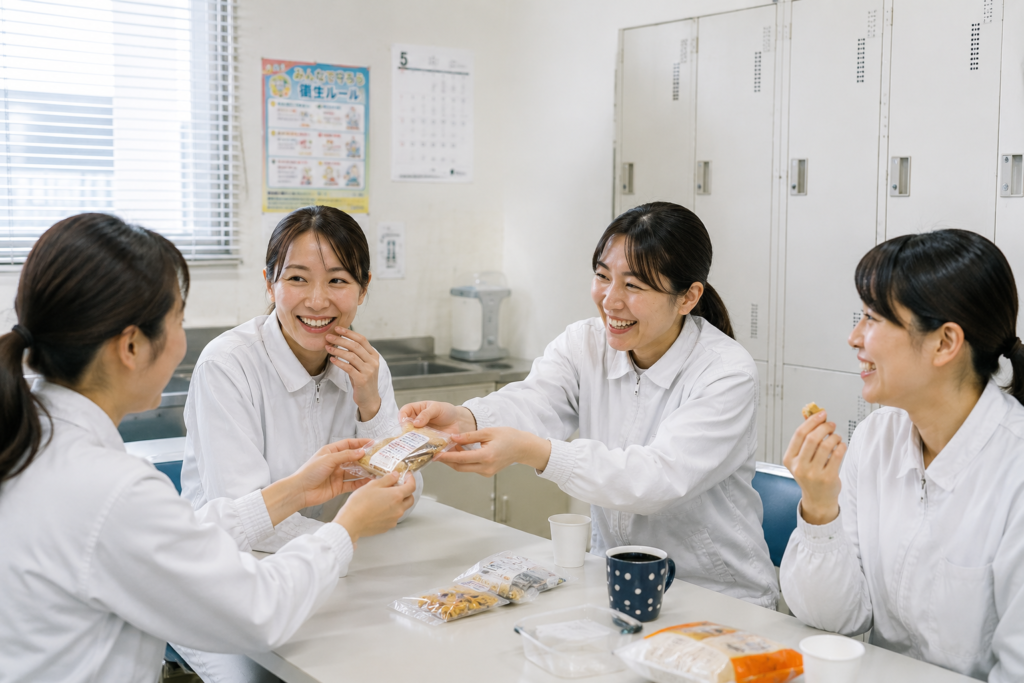 食品工場の休憩室で談笑する女性スタッフたちのイメージ