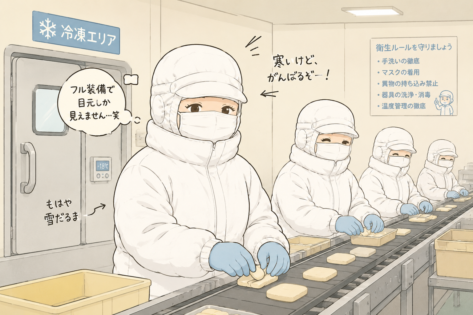 防寒着で全身を覆った食品工場スタッフのイラスト