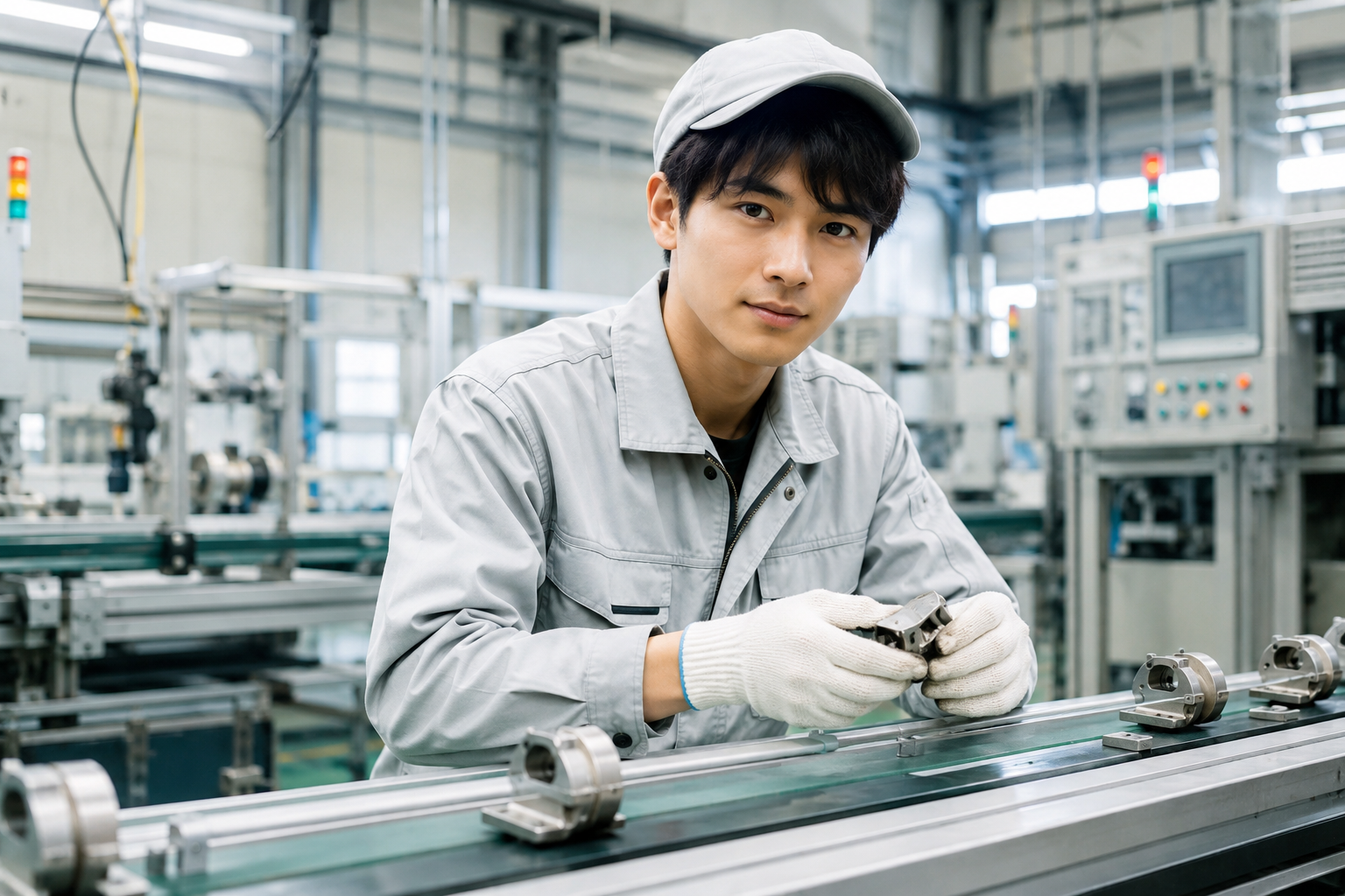 工場のライン作業に集中する若手作業員、学歴に関係なく実務で活躍する様子を表すイメージ