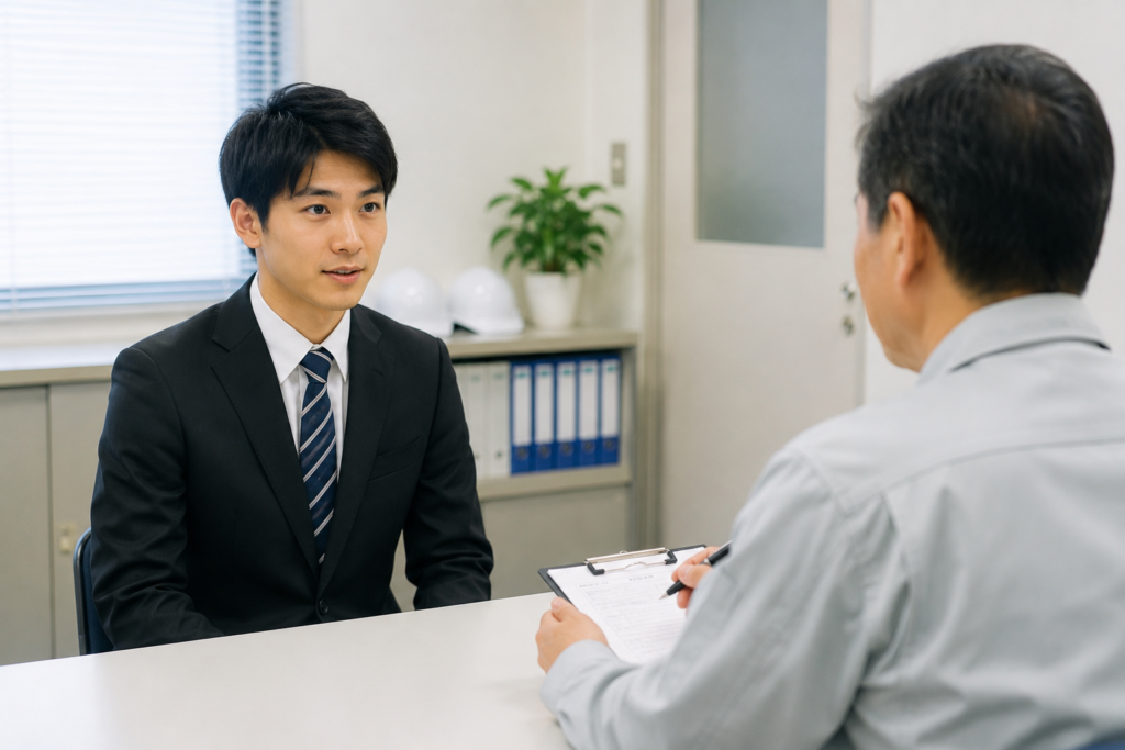 食品工場の面接で志望動機を伝える応募者と面接官の様子