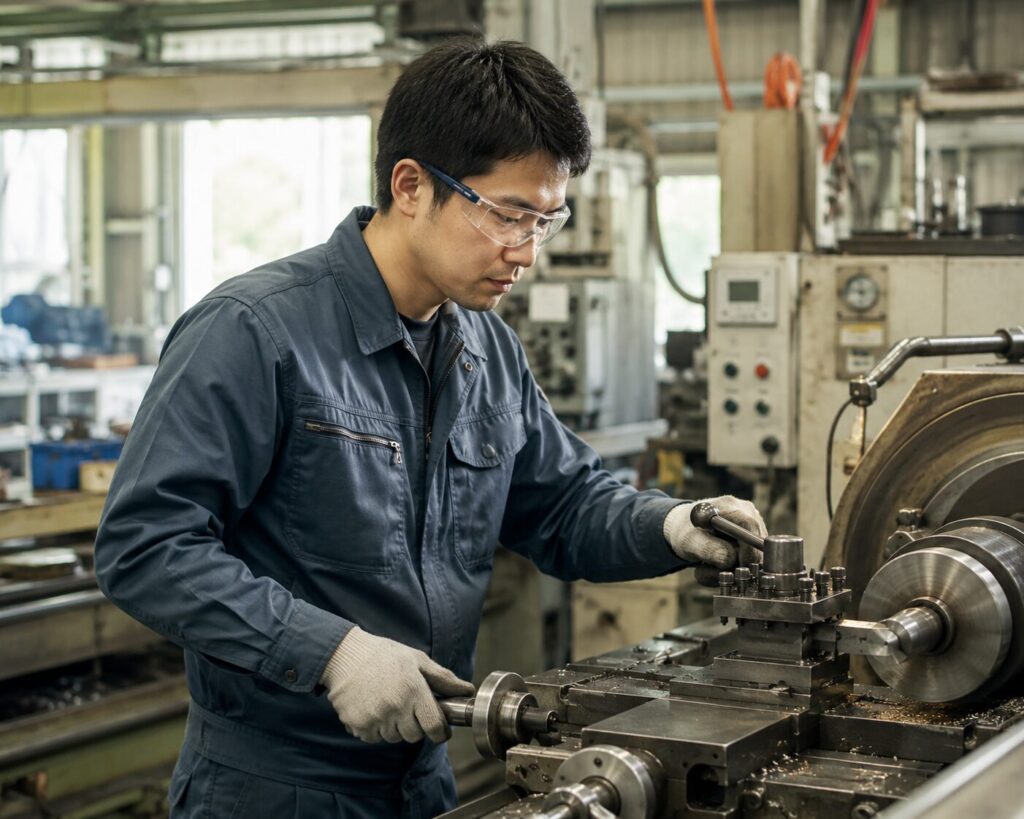 長袖の作業着と保護具を身につけて工場で作業する男性