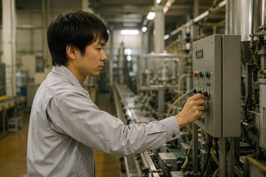 ライン作業で機械を操作する工場勤務の男性