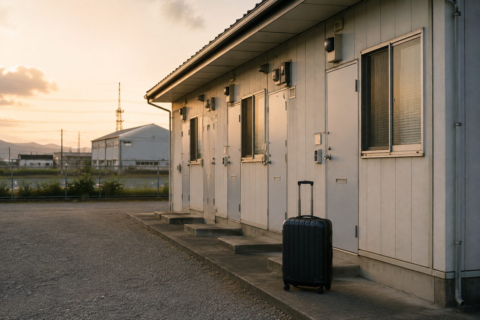 工場勤務の寮のイメージ、寮の建物とスーツケース
